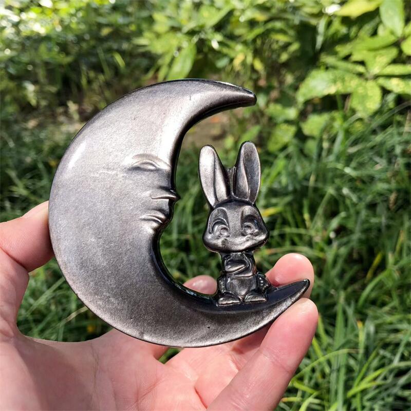 Art Craft Rabbit - Natural Silver Obsidian Rabbit With Moon